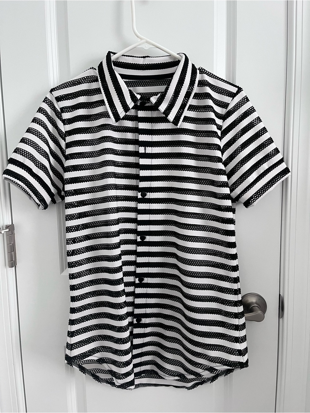 Modus Vivendi Striped Through Mesh Fishnet Short Sleeve Shirt Black White